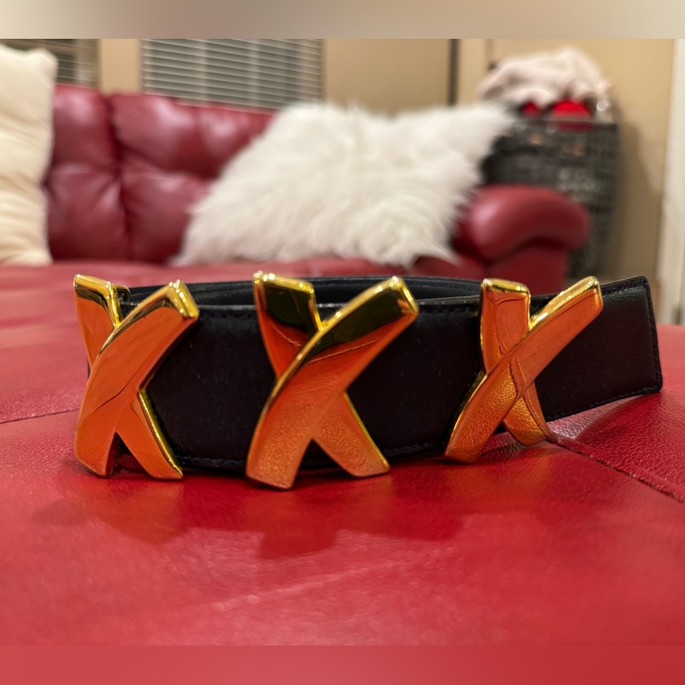 PALOMA PICASSO Signature Black Calfskin Patent Leather “Triple X” Belt